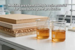 Modified urea formaldehyde resin material for wood based panel production