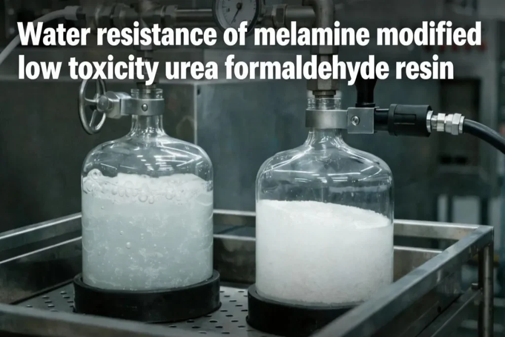 Water resistance of melamine modified low toxicity urea formaldehyde resin
