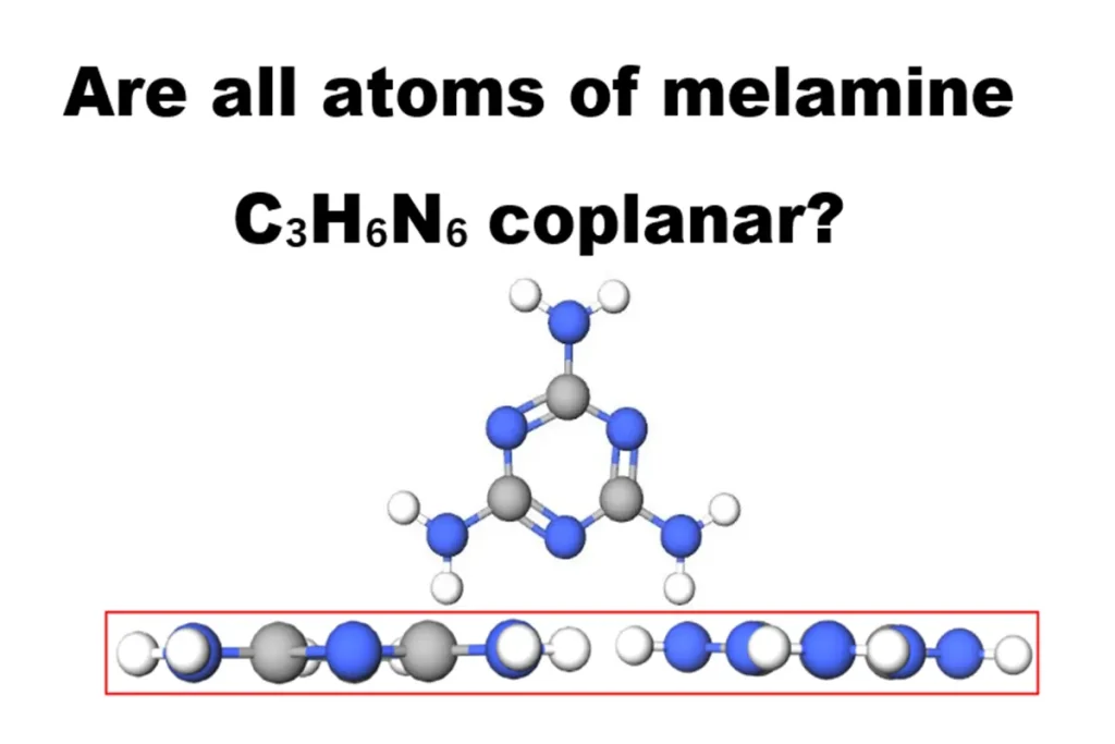 Are all atoms of melamine C₃H₆N₆ coplanar?