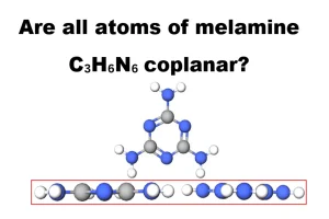 Are all atoms of melamine C₃H₆N₆ coplanar?